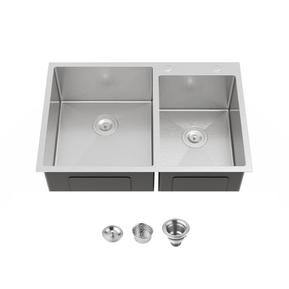 33'x19' Embedded Double Bowl Kitchen Sink, Overmount Handmade Sink in Brushed (Sink only)