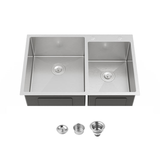 33'x19' Embedded Double Bowl Kitchen Sink, Overmount Handmade Sink in Brushed (Sink only)