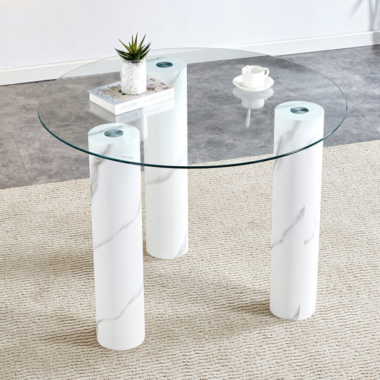 Round transparent tempered glass dining table, white MDF legs, kitchen dining table, living room dining table 40 '* 40' * 29.4 'F-X03