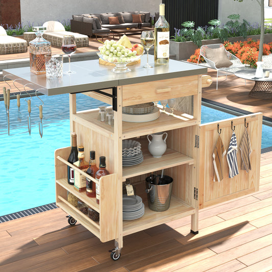 K&K 40.5' Outdoor Grill Cart with Stainless Steel Top, Solid Wood Outdoor Storage Cabinet with Drop Leaf, One Drawer, Towel Rack, Rolling Kitchen Cart with Lockable Wheels for Lawn Garden, Natural