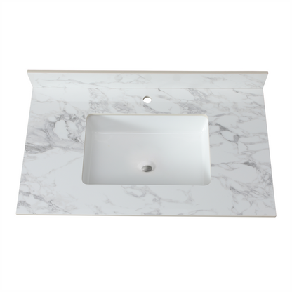 37'x22'Bathroom Vanity Top,sintered stone carra white   Barthroom Vanity Sink Tops with Rectangular Undermount Ceramic Sink with Vanity Backsplash, Single Faucet Hole Bathroom Vanity Countertop