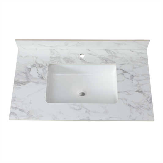 37'x22'Bathroom Vanity Top,sintered stone carra white   Barthroom Vanity Sink Tops with Rectangular Undermount Ceramic Sink with Vanity Backsplash, Single Faucet Hole Bathroom Vanity Countertop