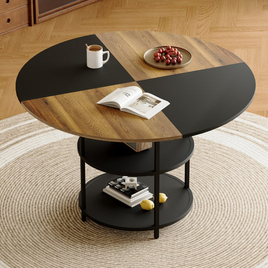 47.3-inch diameter modern splicing circular dining table - double-layer storage, wood and black fan-shaped diagonal color matching design, interpreting home aesthetics and practicality.