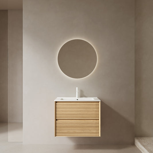 BRON 24' Bathroom Vanity with Sink, Wall-Mounted Floating Plywood Bathroom Storage Cabinet with Drawers, White Ceramic Basin with Sink Hole Cover and Drain, Pre-assembled, Corolla Oak Woodgrain Color