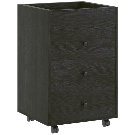 HOMCOM 3 Drawer Home Office Storage Cabinet, Office Drawer on Wheels with Removable Tray, Under Desk Printer Stand with Storage, Dark Walnut