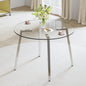 Modern minimalist style circular transparent tempered glass table, tempered glass tabletop, silver metal table legs, suitable for kitchen, dining room, and living room, 42 '* 42' * 29.5 '1123r