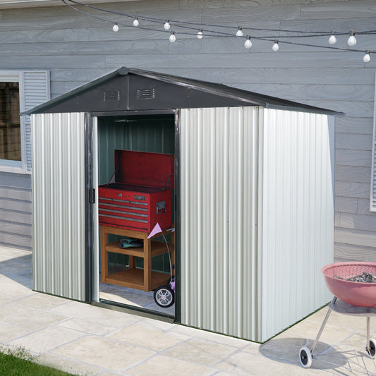 8ft x 4ft Outdoor Metal Storage Shed with Sliding Door and foundation for Backyard, Patio, Lawn - White and Black