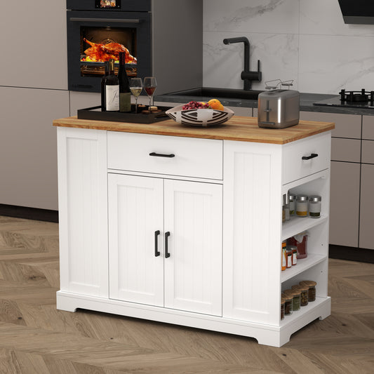46.2'' Multi-Storage Kitchen Island with Rubber Wood Tabletop, Large Farmhouse Kitchen Cart with Adjustable Shelves and Drawers, Dinning Table Bar with Storage Cabinet for Kitchen