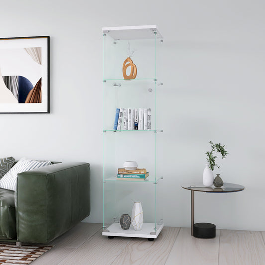 Glass Display Cabinet 4 Shelves with Door, Floor Standing Curio Bookshelf for Living Room Bedroom Office, 64.7'*16.7'*14.3' 
 white