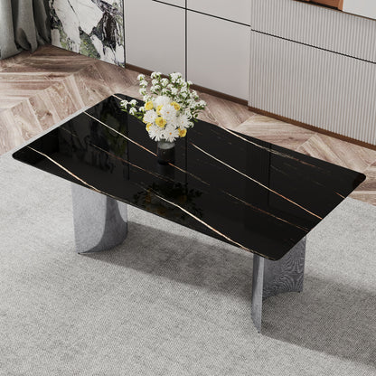 Modern minimalist dining table. The black imitation marble glass desktop is equipped with silver metal legs. Suitable for restaurants and living rooms 71 '* 39.3' * 29.5 'DT-69