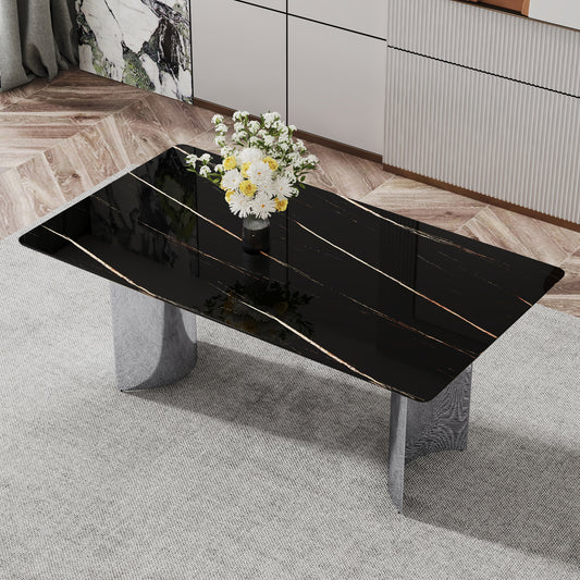 Modern minimalist dining table. The black imitation marble glass desktop is equipped with silver metal legs. Suitable for restaurants and living rooms 71 '* 39.3' * 29.5 'DT-69