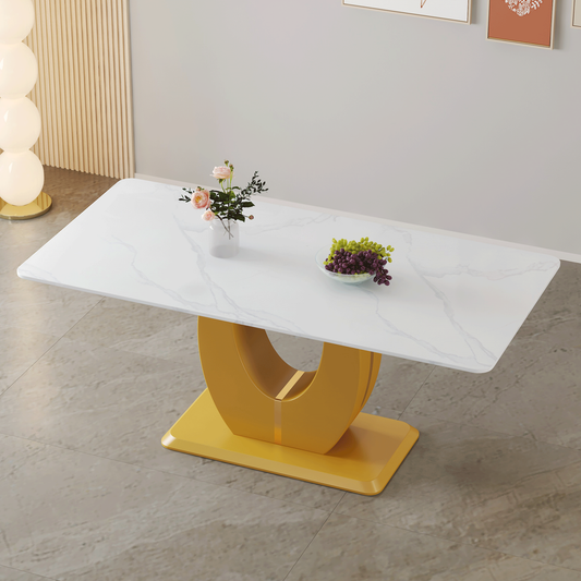 Modern simple luxury white imitation marble decorative glass dining table, golden legs, rectangular desk. A computer desk. Games table, dining room, living room, terrace, kitchen.
