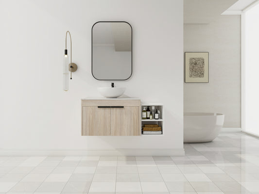 42 ' Modern Design Float Bathroom Vanity With Ceramic Art Sink, White Flat Stone Slab and Small Storage Shelves,  Soft Closed Door,KD-Package (TOP-BAB321MOWH)
