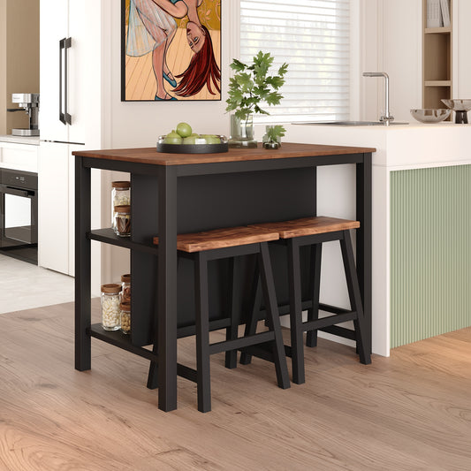 TOPMAX Solid Wood Rustic 3-piece 45' Stationary Kitchen Island Set with 2 Seatings, Rubber Wood Butcher Block Dining Table Set Prep Table Set with 2 Open Shelves for Small Places,Walnut+Black