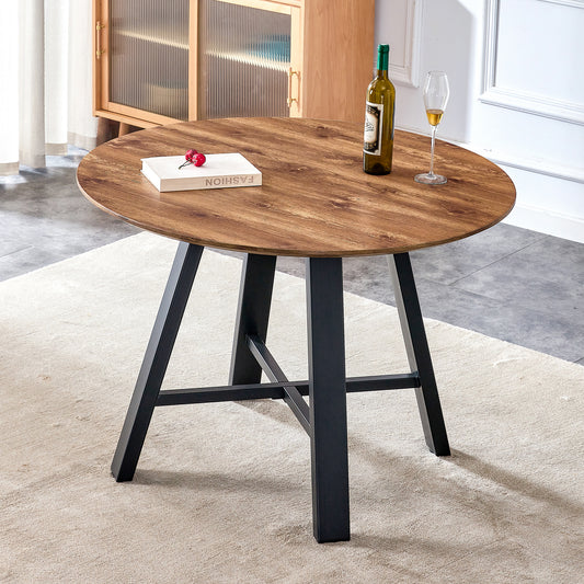 A modern and minimalist circular wooden dining table , coffee table. 42 inch diameter wood color MDF desktop, black metal legs, suitable for home and office F-1172