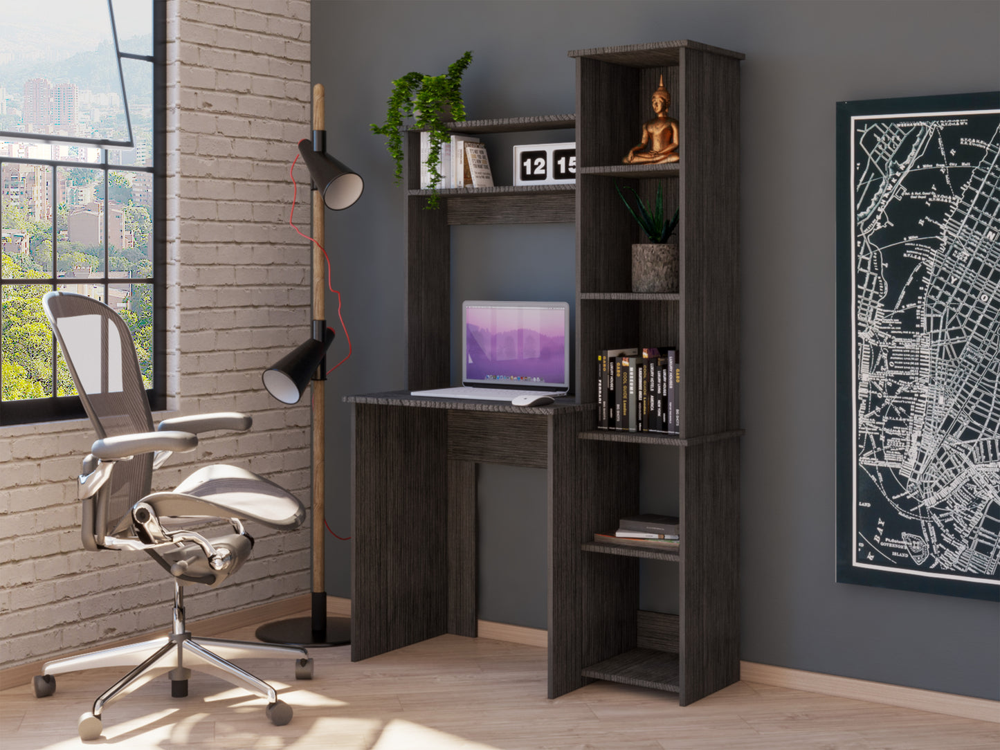 Aramis Desk, Five Shelves, Two Superior Shelves, Smokey Oak