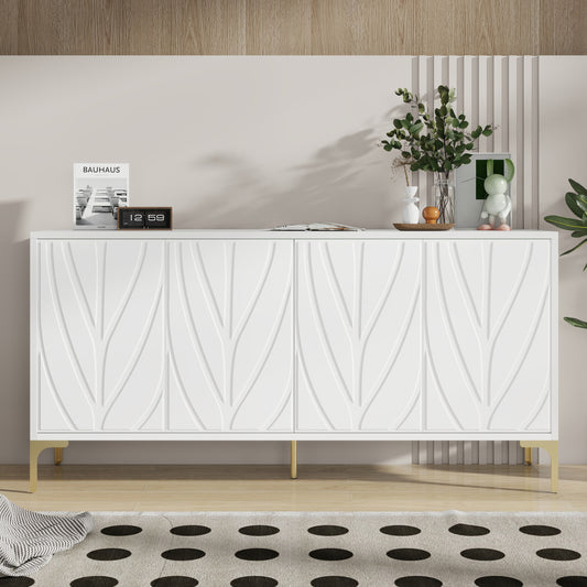Creative carved 4-door Sideboard Handleless Press-to-Open Design Buffet Cabinet for Dining Room,Living Room, Bedroom, Hallway(White)