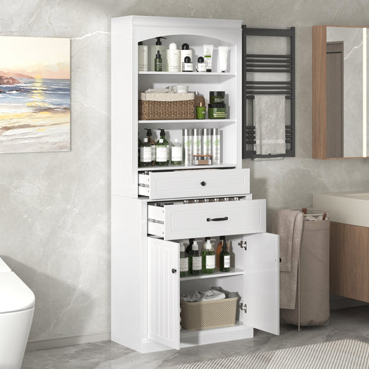White Bathroom Storage Cabinet with Two Doors, Drawers, Adjustable Shelf & Three Open Shelves – Durable MDF Construction
