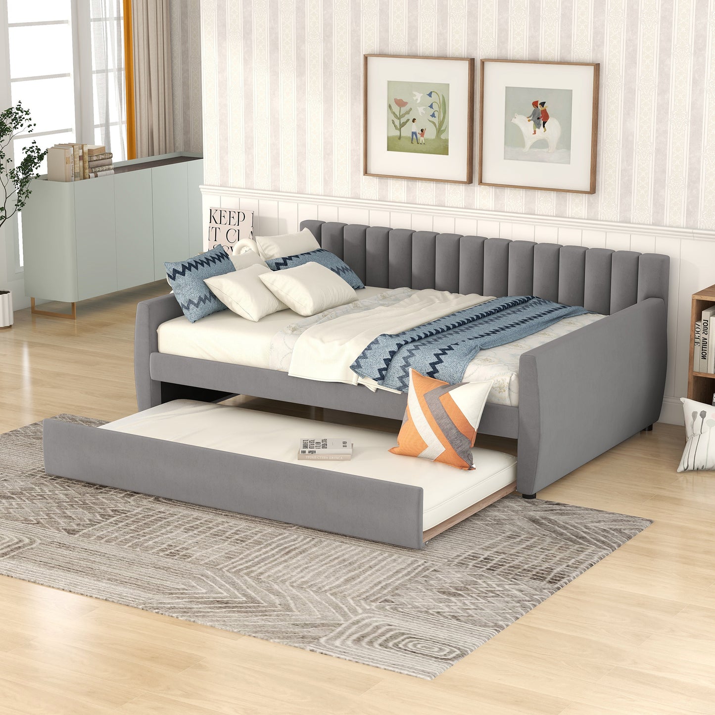 Full Size Upholstered daybed with Trundle and Wood Slat Support, Gray(Old SKU:LP000121AAE)
