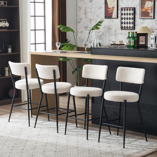 Set of 2 modern teddy fabric upholstered bar stools - Metal base high stool - Suitable for kitchen, dining and living room - Beige - Stylish and comfortable island seating