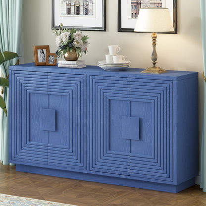 TREXM Buffet Cabinet with Storage, 4-Door Vintage Fluted Sideboard Cabinet with Adjustable Shelves for Dining Room, Kitchen, and Living Room (Navy Blue)