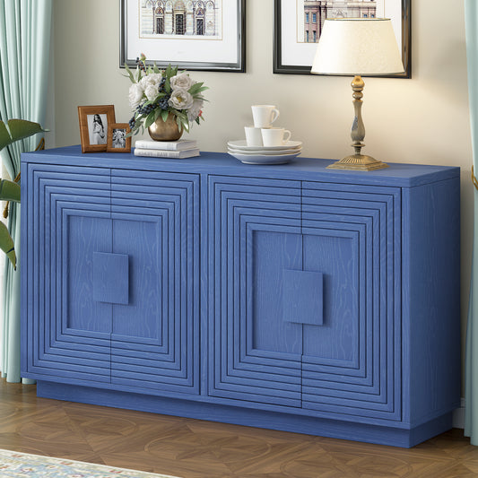 TREXM Buffet Cabinet with Storage, 4-Door Vintage Fluted Sideboard Cabinet with Adjustable Shelves for Dining Room, Kitchen, and Living Room (Navy Blue)