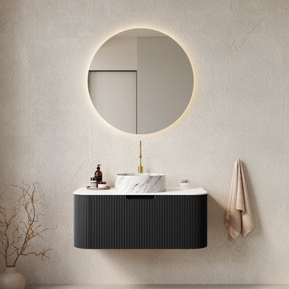 DINA 36' Bathroom Vanity with Sink, Wall-Mounted Floating Curved Edges Striped Bathroom Storage Cabinet with Drawer, White Round Ceramic Basin with Stone Pattern, Pre-assembled, Black Color