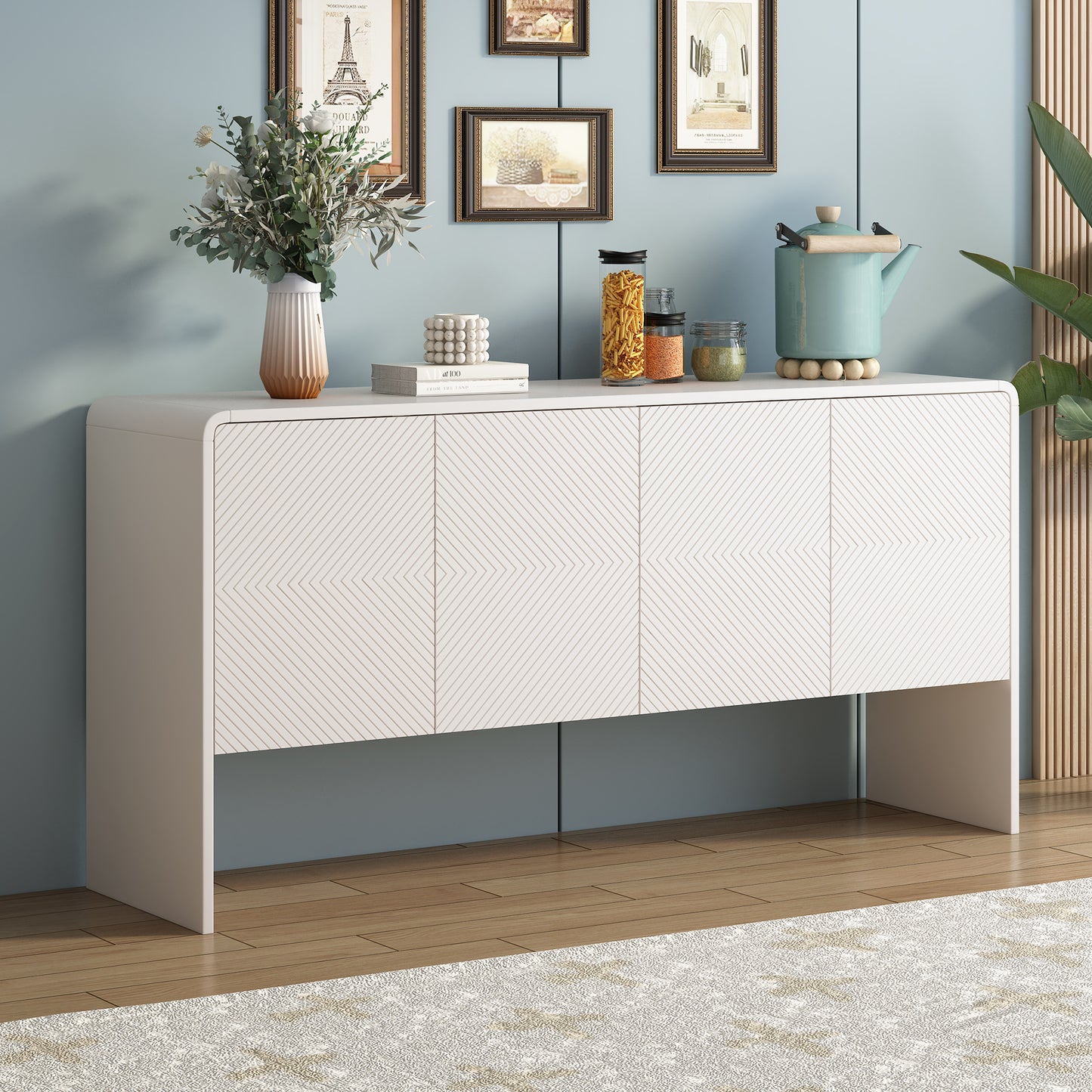 TREXM Minimalist Style 60'L Large Storage Space Sideboard with 4 Doors and Rebound Device for Living Room and Entryway (White)