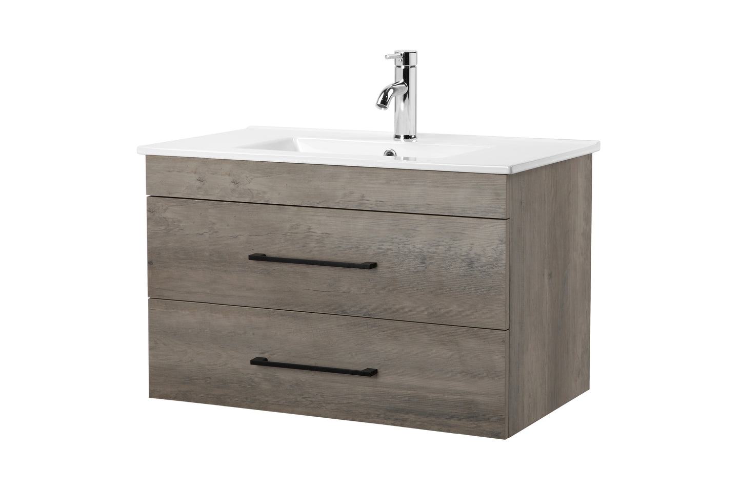 32-Inch Grey Wood Grain Wall-Mounted Bathroom Vanity with Double Drawers,Soft-Close System,White Ceramic Sink,   Create a Modern and Minimalist Bathroom Space,for Bathroom