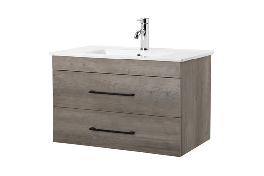 32-Inch Grey Wood Grain Wall-Mounted Bathroom Vanity with Double Drawers,Soft-Close System,White Ceramic Sink,   Create a Modern and Minimalist Bathroom Space,for Bathroom