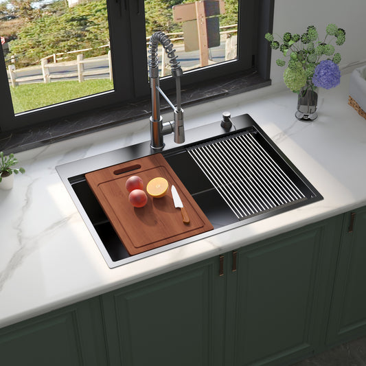 30 Inch Topmount Gunmetal Black Workstation 18 Gauge Stainless Steel Kitchen Sink With Black Spring Neck Faucet