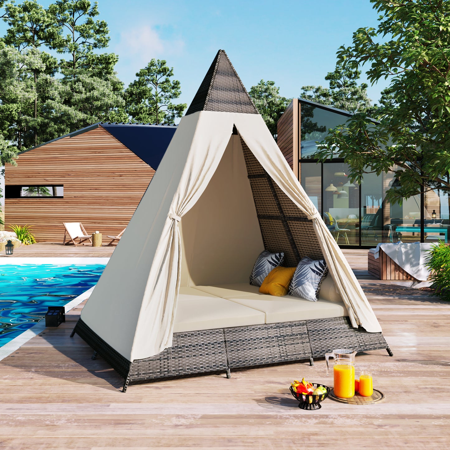 GO 90.5' Length Outdoor Sunbed With Colorful Pillows, Wicker Patio Daybed With Cushions, Tent Shape, Brown and Beige