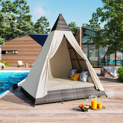 GO 90.5' Length Outdoor Sunbed With Colorful Pillows, Wicker Patio Daybed With Cushions, Tent Shape, Brown and Beige