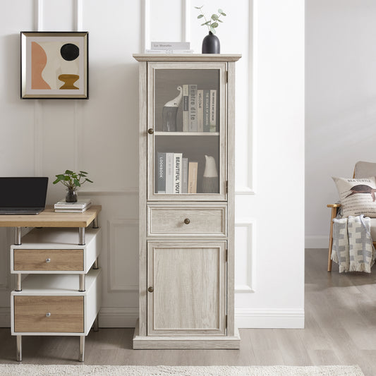 Tall Storage Cabinet, Freestanding Cabinet with Glass Door and Shelves, Sideboard cabinet, Cabinet with Drawer for Living Room, Kitchen, Dining Room, Office, White