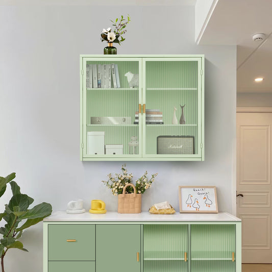 27.56'Glass Doors Modern Two-door Wall Cabinet with Featuring Three-tier Storage for Entryway Living Room Bathroom Dining Room,Mint Green