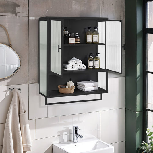23.62'Glass Doors Modern Two-door Wall Cabinet with Featuring Two-tier Enclosed Storage, an Open Shelf, and Towel Rack, for Entryway Living Room Bathroom Dining Room,Black