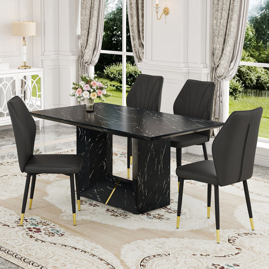 Table and chair set.Black Marble Pattern MDF Dining Set - 63'x35.4' with 4 black PU Chairs With a Widened Backrest Design.Giving you a luxurious feel.