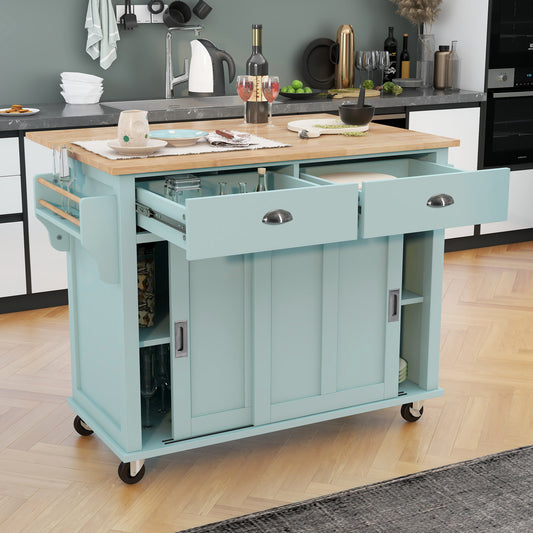 Kitchen Cart with Rubber wood Drop-Leaf Countertop, Concealed sliding barn door adjustable height,Kitchen Island on 4 Wheels with Storage Cabinet and 2 Drawers,L52.2xW30.5xH36.6 inch, Mint Green