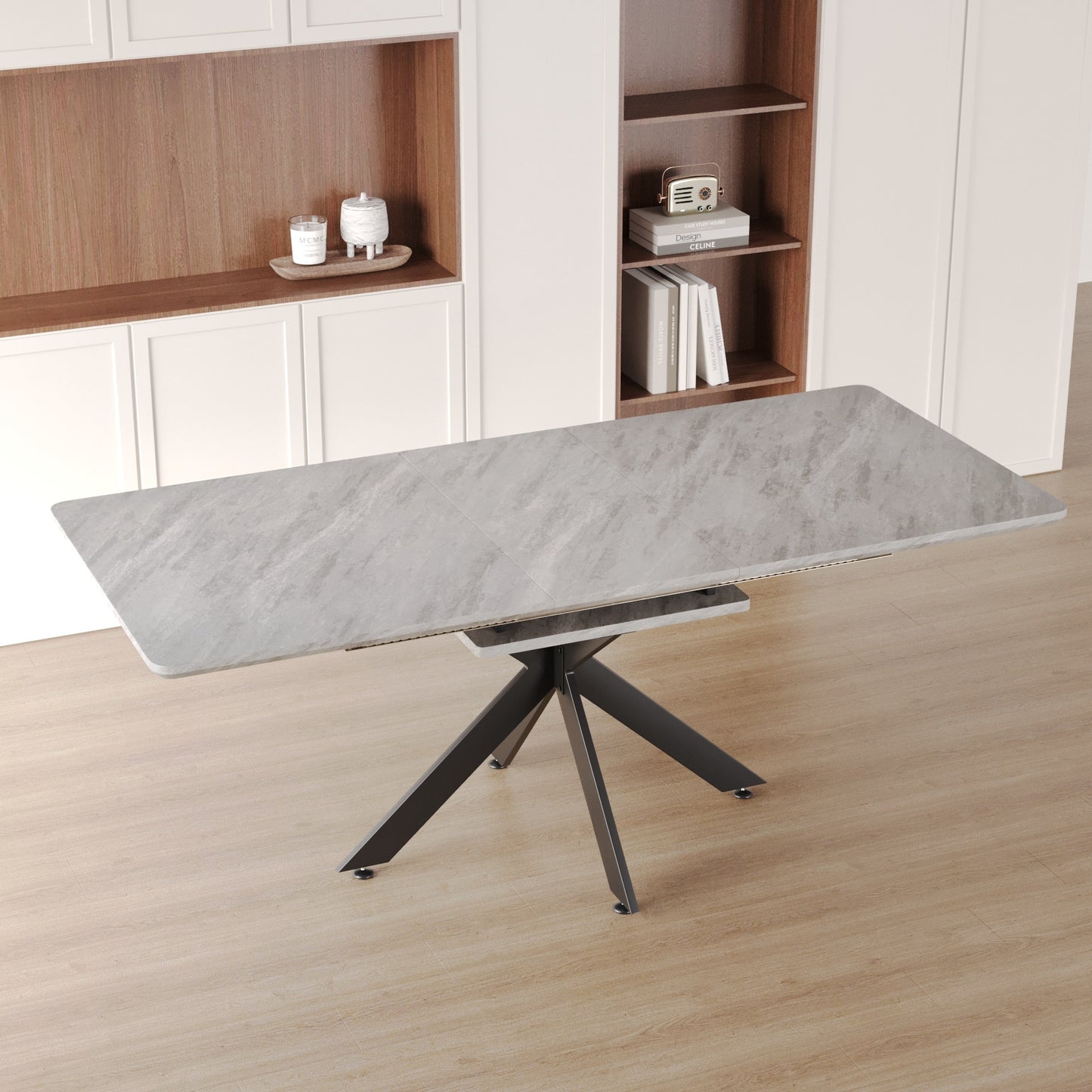 62.4' Extendable 78.15'Very large Grey Dining Table Modern Mid-Century Kitchen Table Set for Dining Room, party Table,Conference table,Black metal X shape Legs.