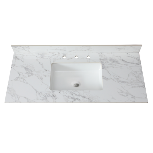 49'x22'Bathroom Vanity Top,sintered stone carra white   Barthroom Vanity Sink Tops with Rectangular Undermount Ceramic Sink with Vanity Backsplash, Three Faucet Hole Bathroom Vanity Countertop