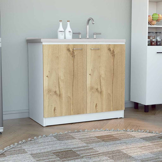 Napoles Utility Sink with Cabinet, One Shelf, Double Door Cabinet -White / Light Oak