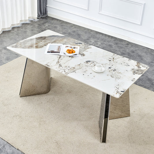 63'x31.5x30' Pandora Patterned Rock Slab Dining Table with Silver Stainless Steel Butterfly Legs.The tabletop is designed to be scratch and heat resistant.Slabs Tabletop,Stainless Steels Legs.
