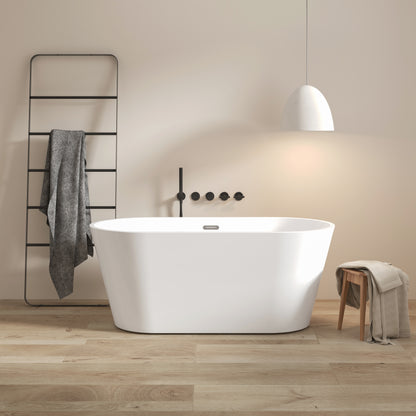 59' Acrylic Freestanding Bathtub, Modern & Contemporary Design Soaking Tub with Toe-tap Drain in Chrome and Classic Slotted Overflow, Glossy White, cUPC Certified, 02136