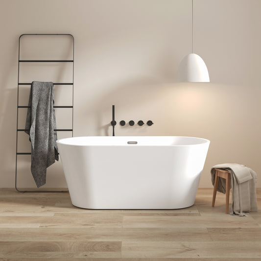 59' Acrylic Freestanding Bathtub, Modern & Contemporary Design Soaking Tub with Toe-tap Drain in Chrome and Classic Slotted Overflow, Glossy White, cUPC Certified, 02136