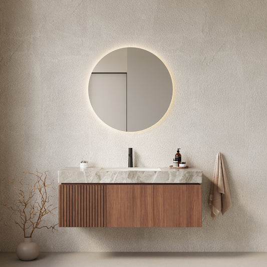 MURI 48' Bathroom Vanity with Sink, Wall-Mounted Plywood Bathroom Storage Cabinet with Drawer and Doors, Light Gray Sintered Stone Countertop and Ceramic Basin, Pre-assembled, Espresso Woodgrain Color