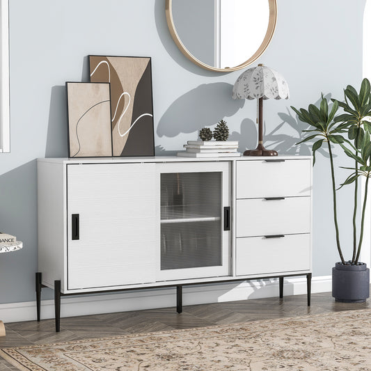 Modern Featured Storage Cabinet Sideboard with Glass Sliding Door and 3 Drawers, Entryway Console Table Kitchen Buffet Cabinet for Corridors Entrances Kitchen Study White