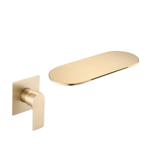 Wall Mount Bathtub Faucet Brushed Gold Single Handle Modern Bathroom Sink Faucet with Rough in Valve High Flow Filler Waterfall Tub Spout
