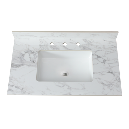 37'x22'Bathroom Vanity Top,sintered stone carra white   Barthroom Vanity Sink Tops with Rectangular Undermount Ceramic Sink with Vanity Backsplash, Three Faucet Hole Bathroom Vanity Countertop