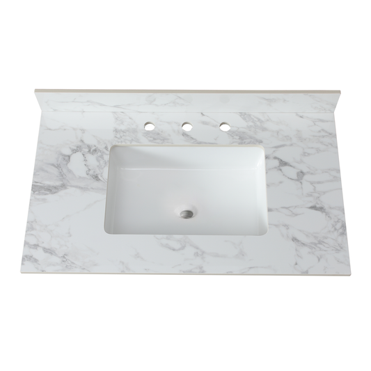 37'x22'Bathroom Vanity Top,sintered stone carra white   Barthroom Vanity Sink Tops with Rectangular Undermount Ceramic Sink with Vanity Backsplash, Three Faucet Hole Bathroom Vanity Countertop