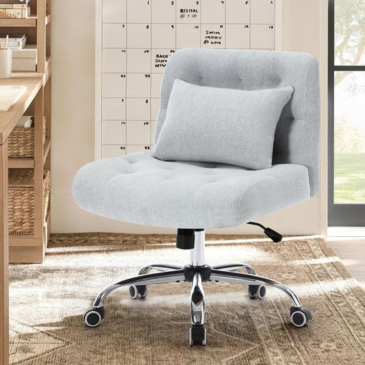 Armless Fabric Office Desk Chair with Wheels, Criss Cross Legged Wide Seat Chair, Modern Home Office Chair with Lumbar Pillow, Comfy Computer Task Chair for Small Space, Vanity Chair for Women, Girls